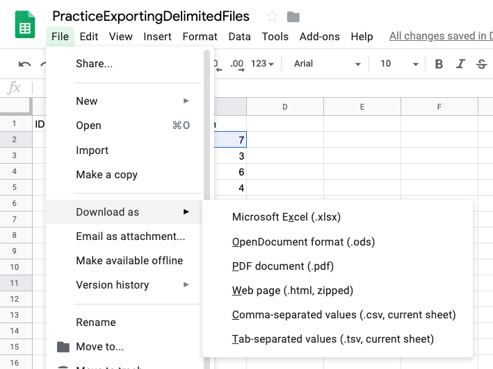 Exporting data into .csv format from Google Sheets.