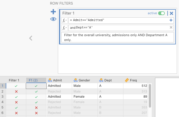 Creating a filter for the UCBAdmissions data set [@R-base] that restricts the rows to the counts that refer to admissions only (no rejections) AND Department A only (filtering out Departments B-F).