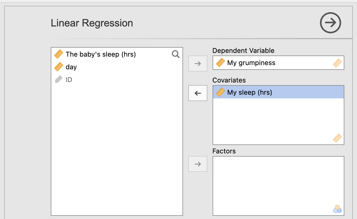 Setting the parameters for a linear regression of `My grumpiness` on `My Sleep (hrs)`, from the `parenthood.csv` dataset in Navarro and Foxcroft [-@lsj].