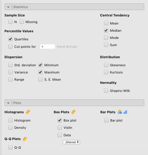 Parameter settings for boxplots along with related descriptive statistics.