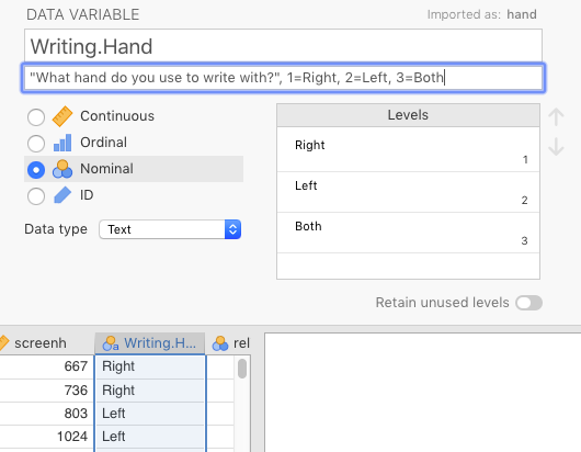 Changing *hand* to name in codebook, along with indicating what each level means.