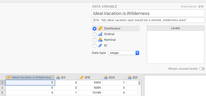 Changing *Q1A* to name in codebook, along with changing variable type to *Continuous*.