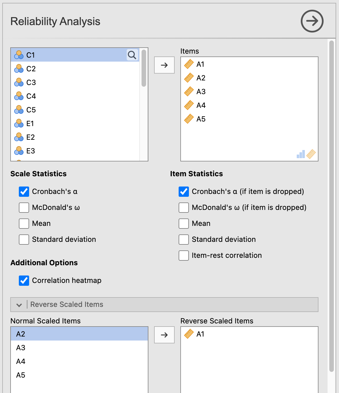 The arrangement of variables for Cronbach's Alpha using the bfi_sample3 dataset from @lsj