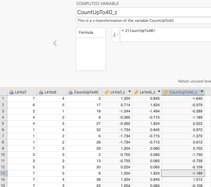 The results of transforming those variables into z-scores (identified by having a _z extension).