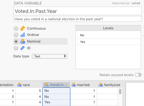 Changes made in *jamovi* to the variable *voted* from @BrothertonFrenchPickering2013.