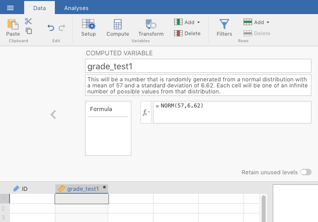 Step one of creading a new computed variable, consisting of observations drawn randomly from an infinite number of observations comprising a normal distribution with a mean of 57 and a standard deviation of 6.62.