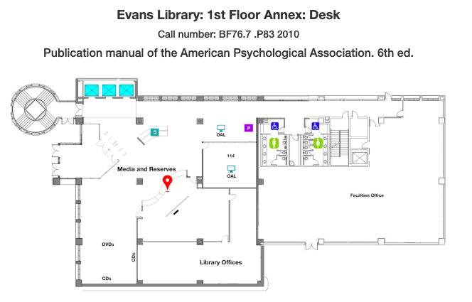 Location of reserve copies at the Evans Library (1st Floor Annex) at Texas A&M of the *Publication Manual of the American Psychological Association, 6th ed.*.